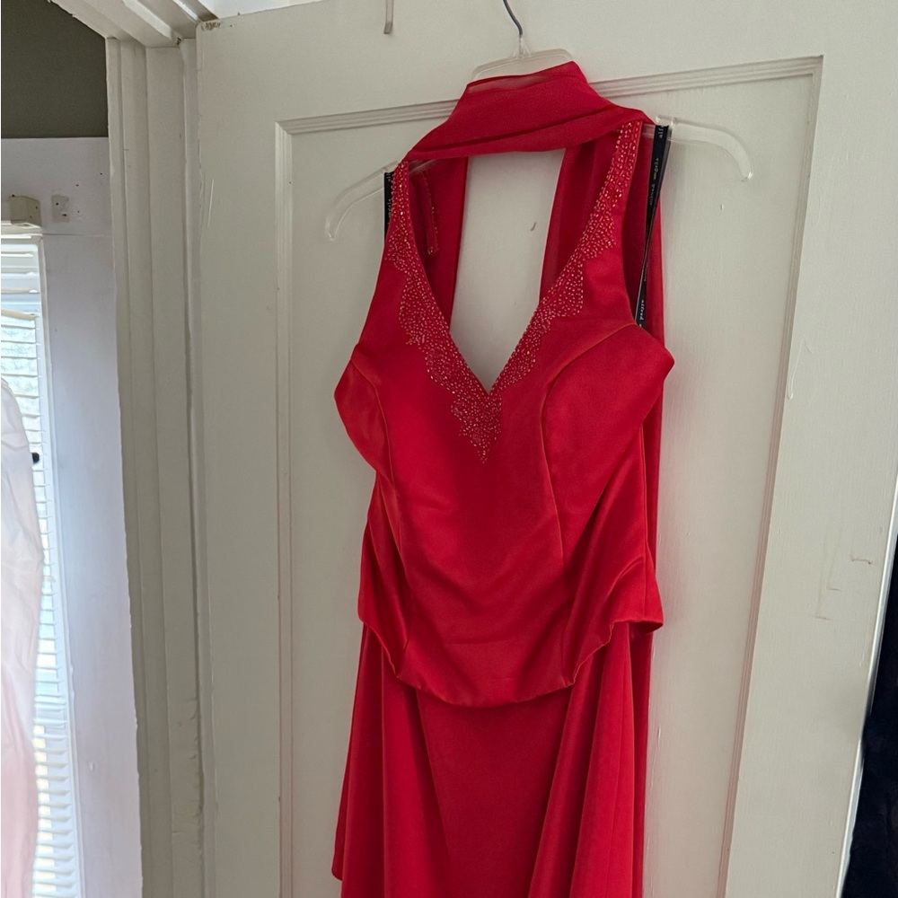 Elegant Red Evening Gown and Scarf